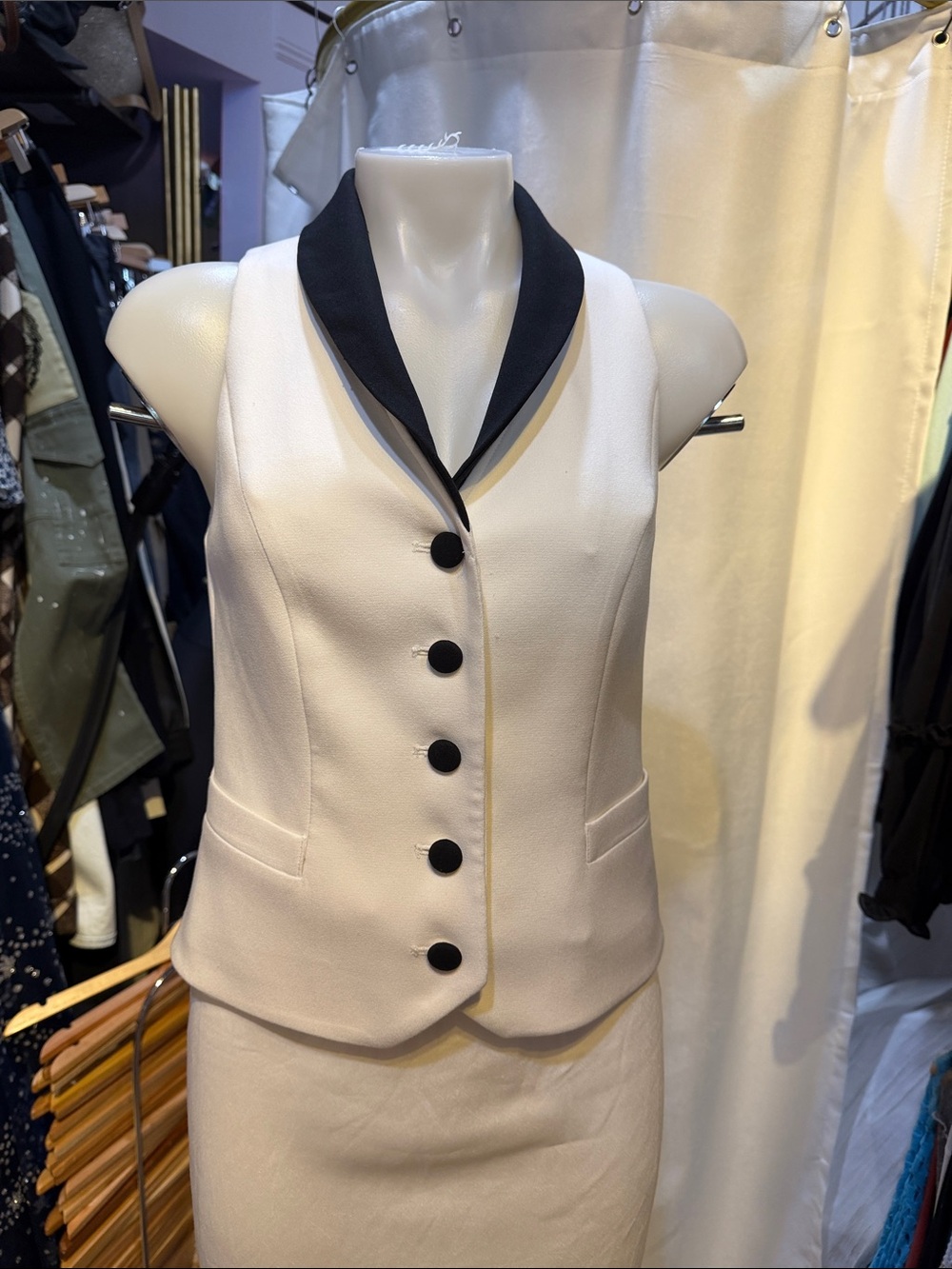 White House Black Market White Sleeveless Vest with Black Collar and Buttons